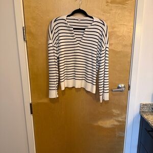 LOFT Cream and Black Striped V-Neck Sweater